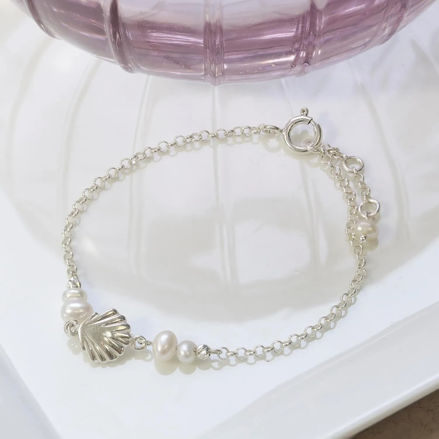 925 Sterling Silver Pearl Bracelets for Women - 3mm Round Beads with Sea Shell Sterling Silver Charm, Adjustable Chain 16-18cm Length - Silver Bracelets for Women - Perfect Pearl Jewelry Gift