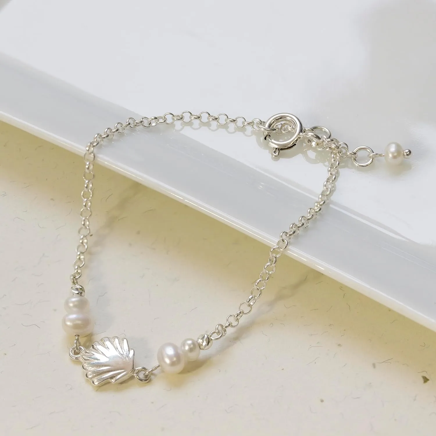 925 Sterling Silver Pearl Bracelets for Women - 3mm Round Beads with Sea Shell Sterling Silver Charm, Adjustable Chain 16-18cm Length - Silver Bracelets for Women - Perfect Pearl Jewelry Gift