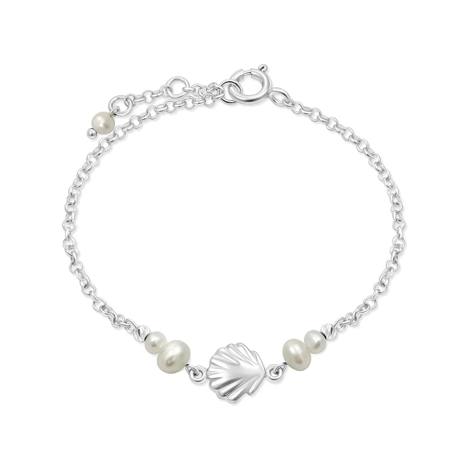 925 Sterling Silver Pearl Bracelets for Women - 3mm Round Beads with Sea Shell Sterling Silver Charm, Adjustable Chain 16-18cm Length - Silver Bracelets for Women - Perfect Pearl Jewelry Gift