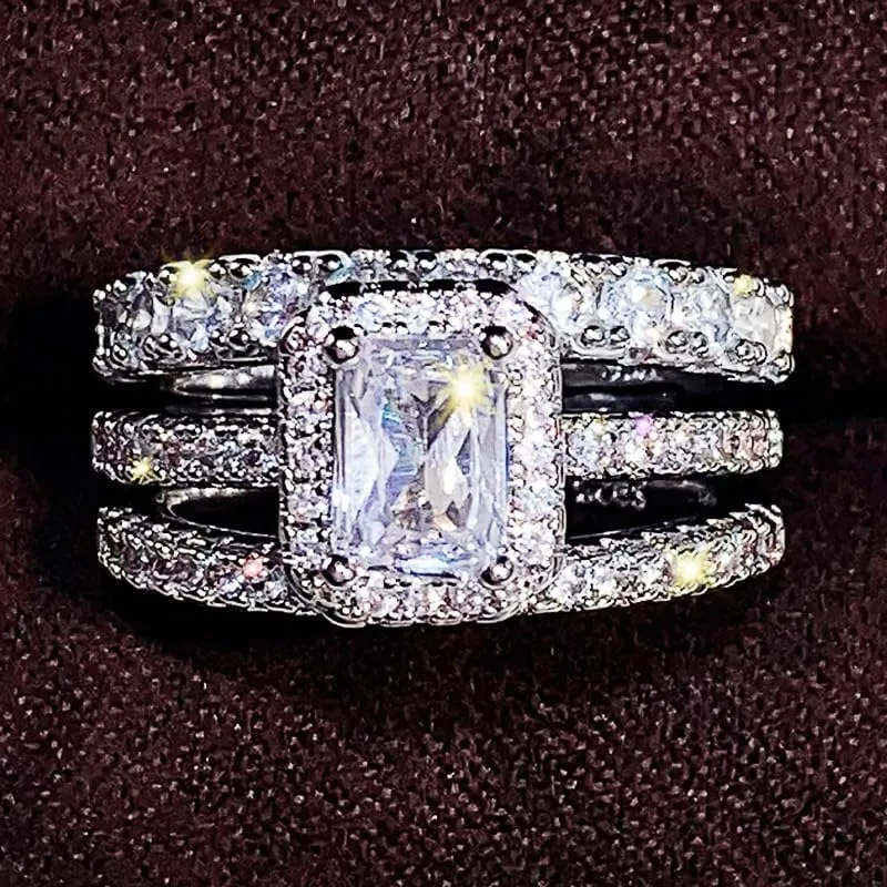 925 Sterling Silver Shiny Full Diamond Zircon Rings Three Sets of Rings Cushion Cut 4ct Zircon Diamonds Stone Engagement Wedding Band Ring Size 7