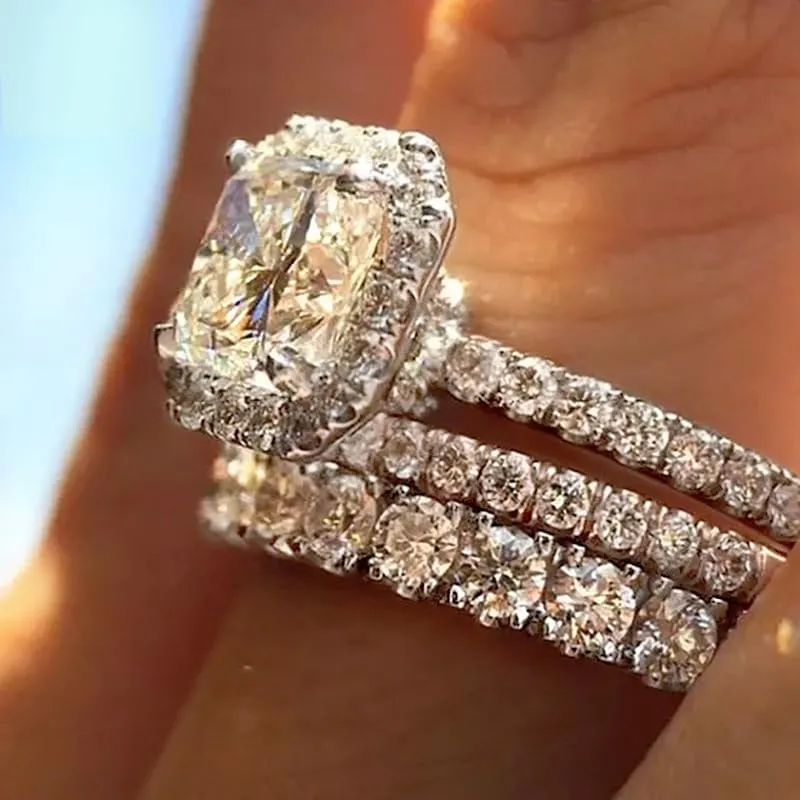 925 Sterling Silver Shiny Full Diamond Zircon Rings Three Sets of Rings Cushion Cut 4ct Zircon Diamonds Stone Engagement Wedding Band Ring Size 7