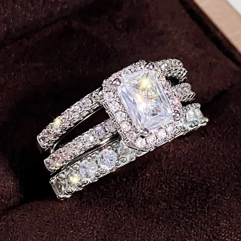 925 Sterling Silver Shiny Full Diamond Zircon Rings Three Sets of Rings Cushion Cut 4ct Zircon Diamonds Stone Engagement Wedding Band Ring Size 7