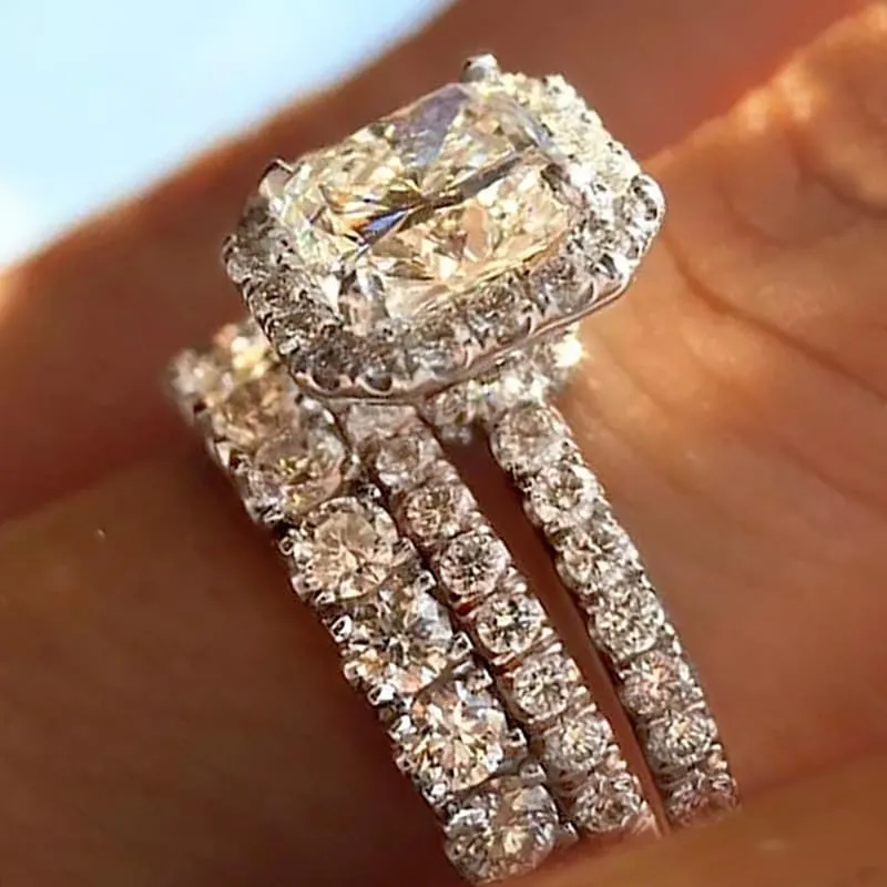 925 Sterling Silver Shiny Full Diamond Zircon Rings Three Sets of Rings Cushion Cut 4ct Zircon Diamonds Stone Engagement Wedding Band Ring Size 7