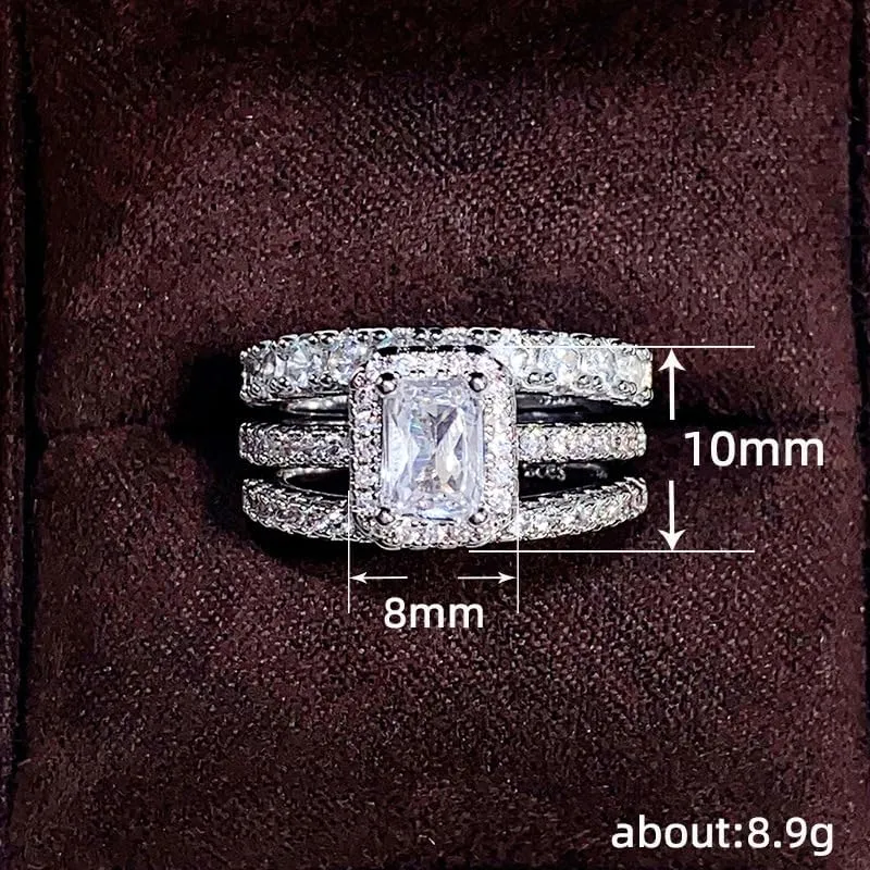925 Sterling Silver Shiny Full Diamond Zircon Rings Three Sets of Rings Cushion Cut 4ct Zircon Diamonds Stone Engagement Wedding Band Ring Size 7