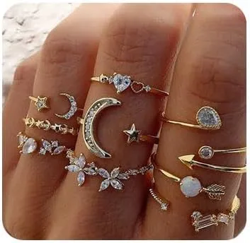 9PCS Boho Rings Set Moon Star Rings Crystal Rhinestone Ring Sets Stackable Rings Adjustable Knuckle Ring Jewelry for Women