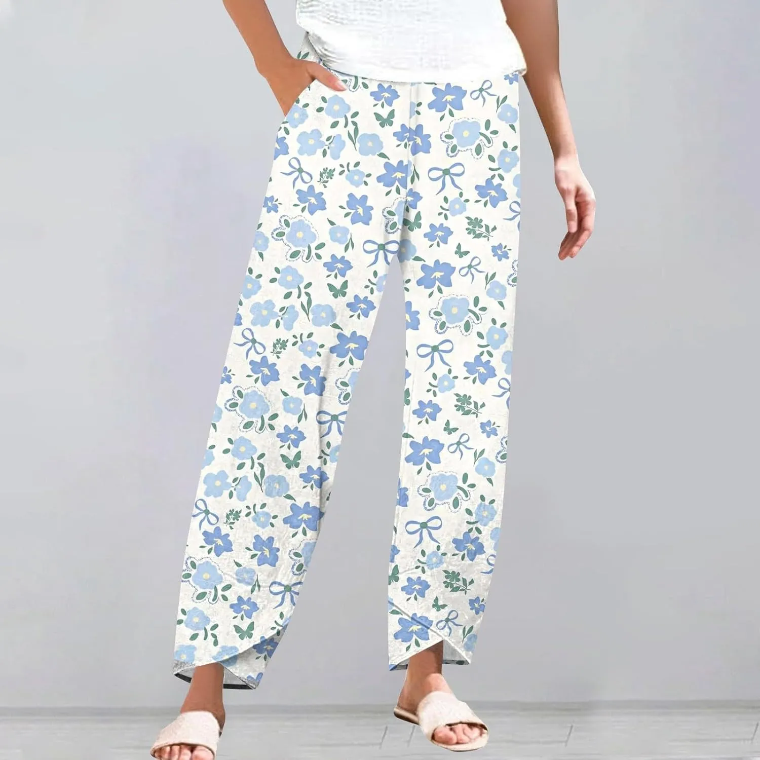 ADHOWBEW Dress Pants Women Palazzo Baggy Summer Relaxed Fit 2025 Bohemian Style Dressy Bottoms