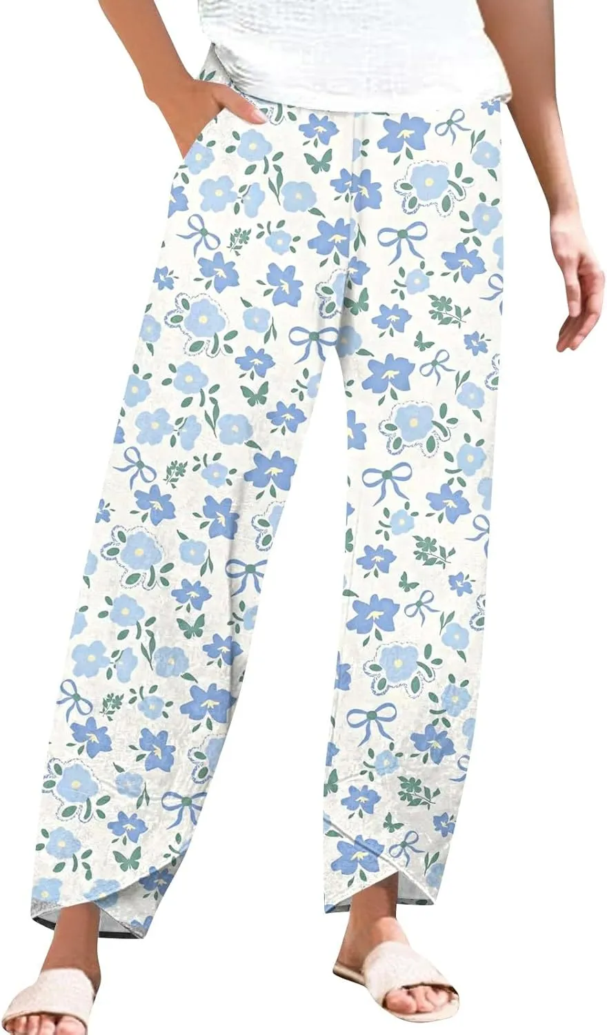 ADHOWBEW Dress Pants Women Palazzo Baggy Summer Relaxed Fit 2025 Bohemian Style Dressy Bottoms