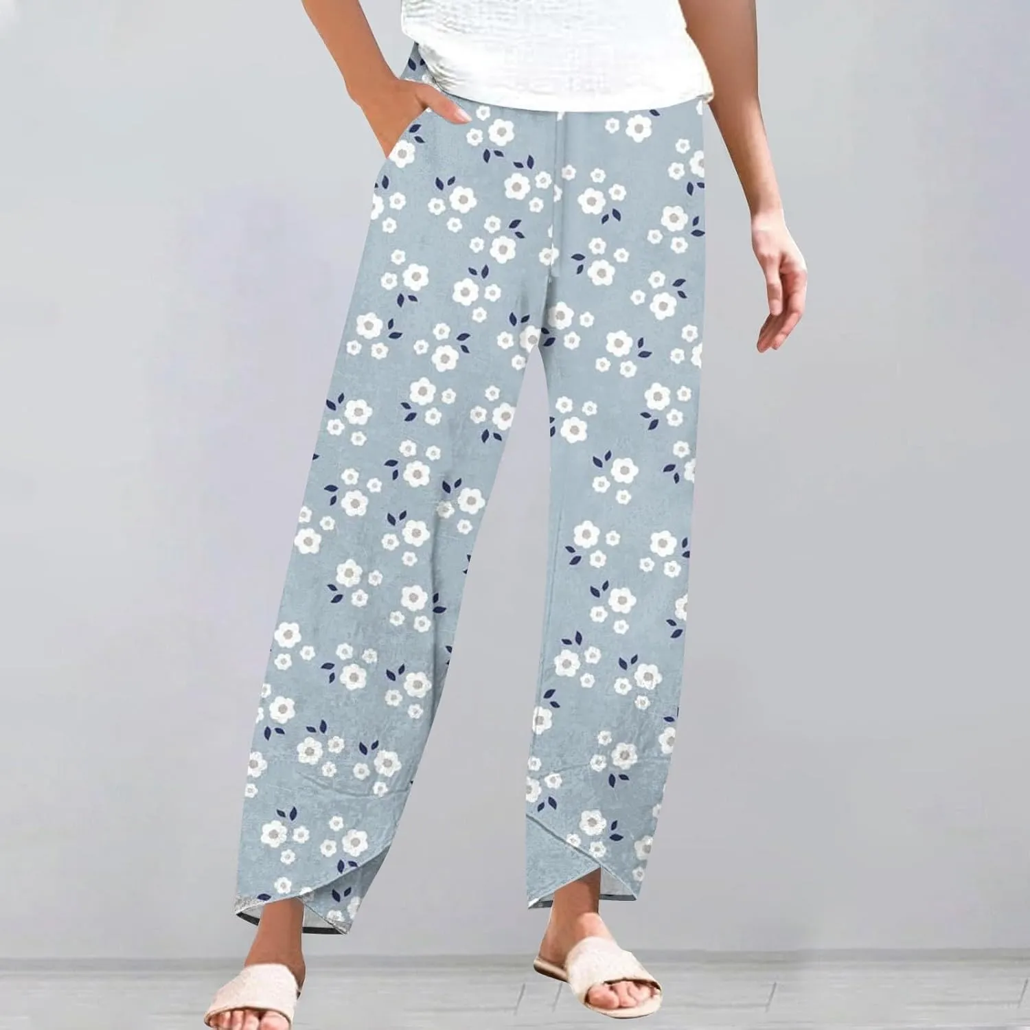 ADHOWBEW Dress Pants Women Palazzo Baggy Summer Relaxed Fit 2025 Bohemian Style Dressy Bottoms