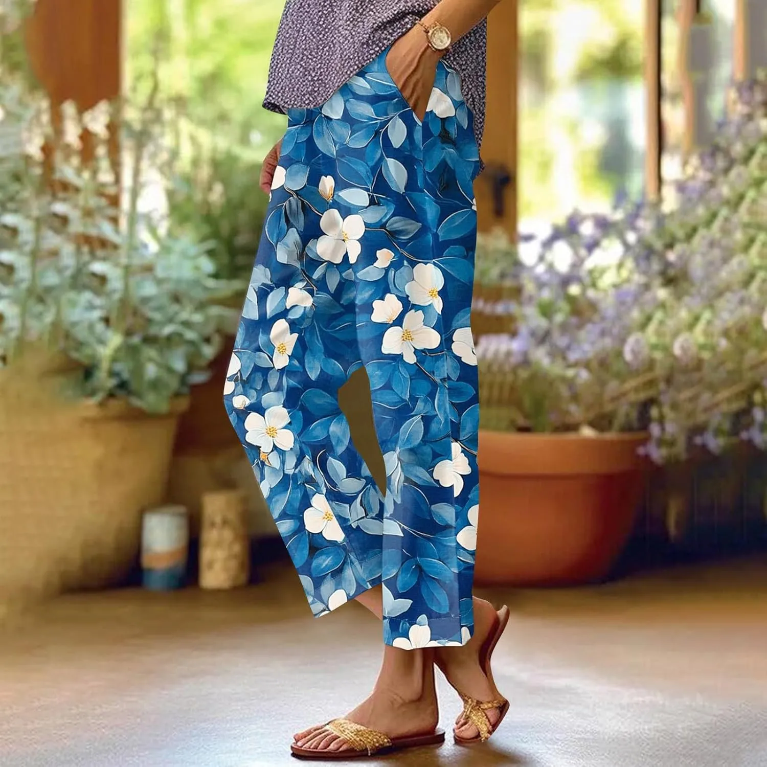 ADHOWBEW Lounge Pants Women 2025 High Waist Trendy Elastic Waist Floral Summer Baggy Bottoms