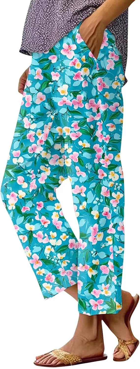 ADHOWBEW Lounge Pants Women 2025 High Waist Trendy Elastic Waist Floral Summer Baggy Bottoms