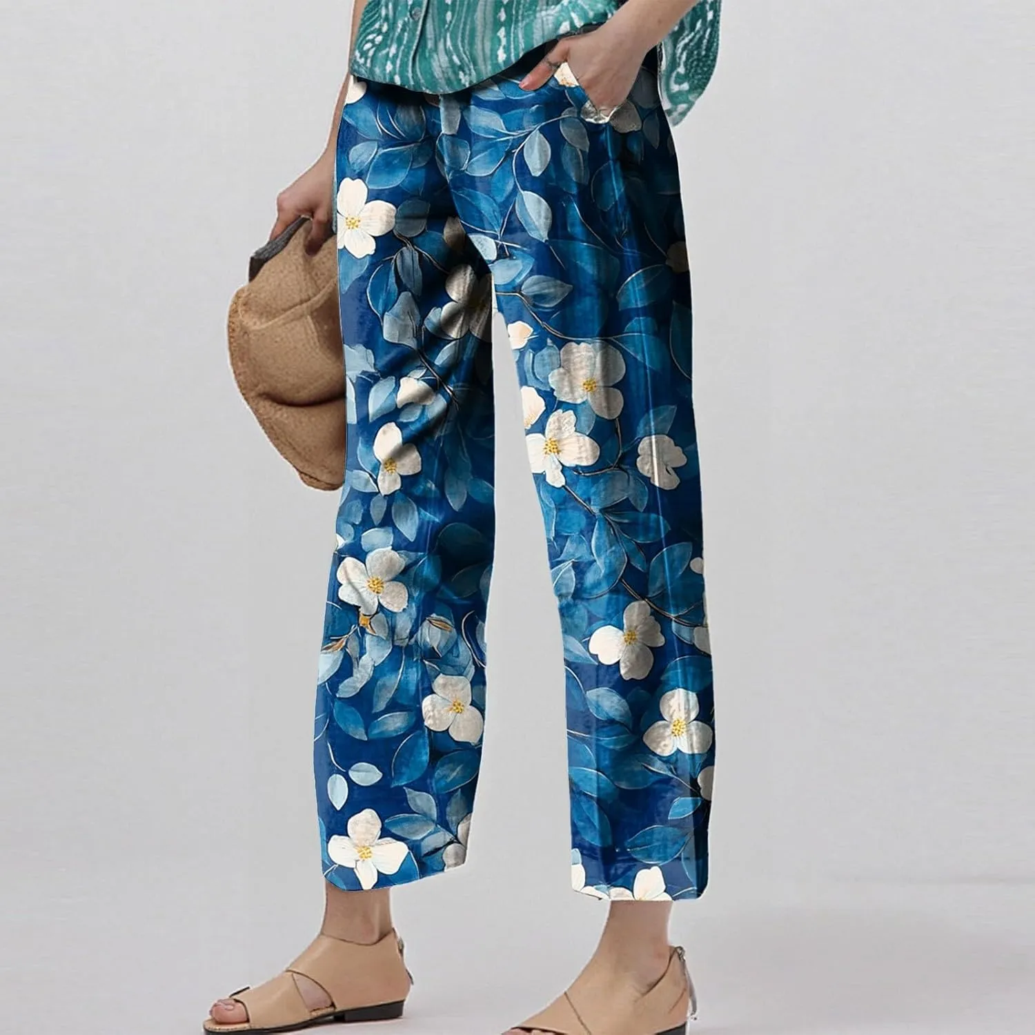 ADHOWBEW Lounge Pants Women 2025 High Waist Trendy Elastic Waist Floral Summer Baggy Bottoms