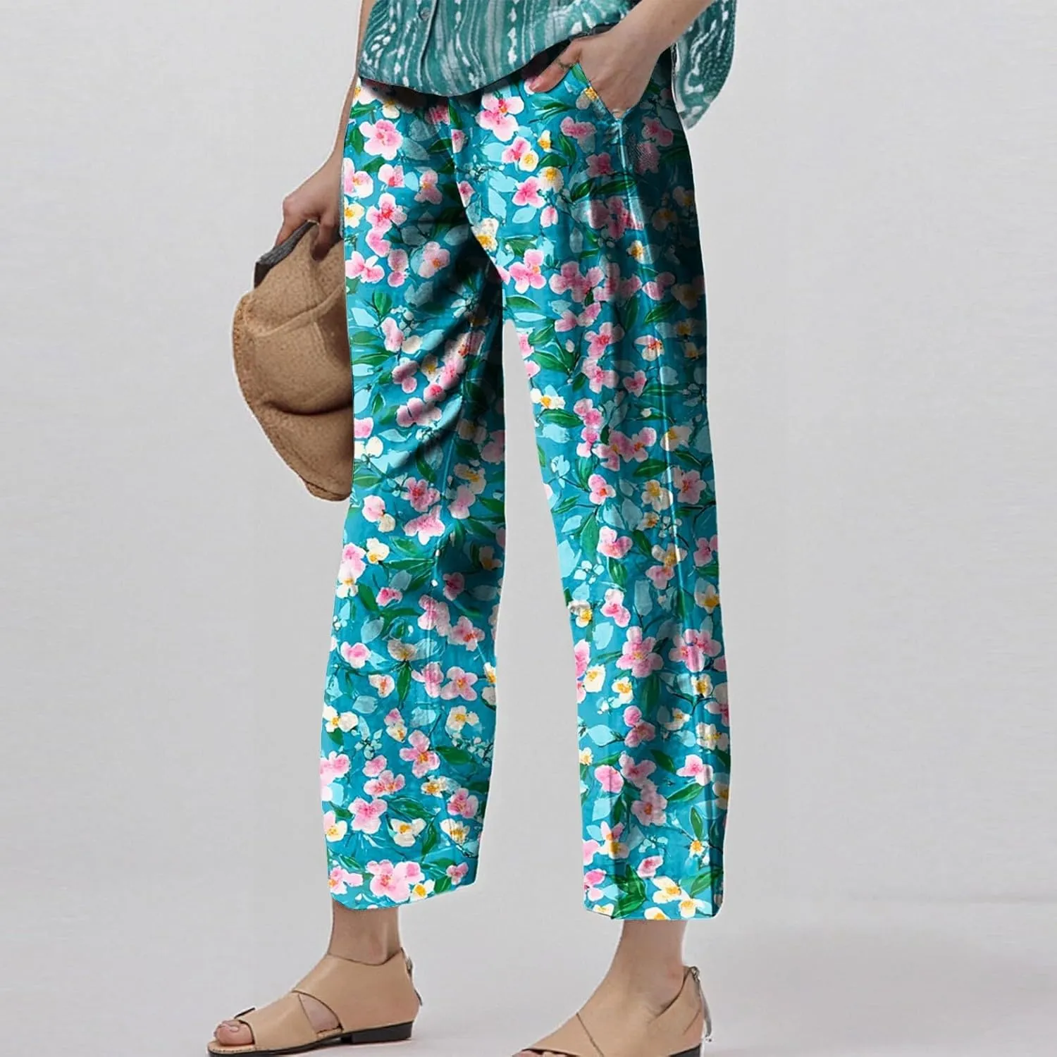 ADHOWBEW Lounge Pants Women 2025 High Waist Trendy Elastic Waist Floral Summer Baggy Bottoms
