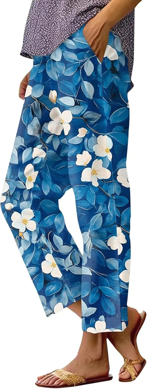 ADHOWBEW Lounge Pants Women 2025 High Waist Trendy Elastic Waist Floral Summer Baggy Bottoms
