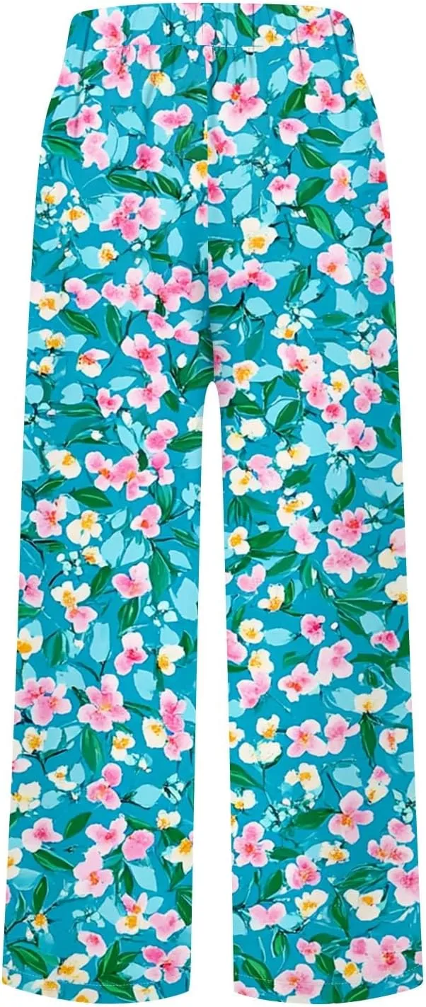ADHOWBEW Lounge Pants Women 2025 High Waist Trendy Elastic Waist Floral Summer Baggy Bottoms