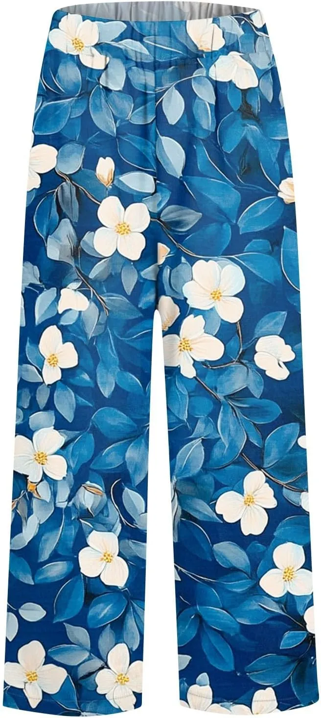 ADHOWBEW Lounge Pants Women 2025 High Waist Trendy Elastic Waist Floral Summer Baggy Bottoms