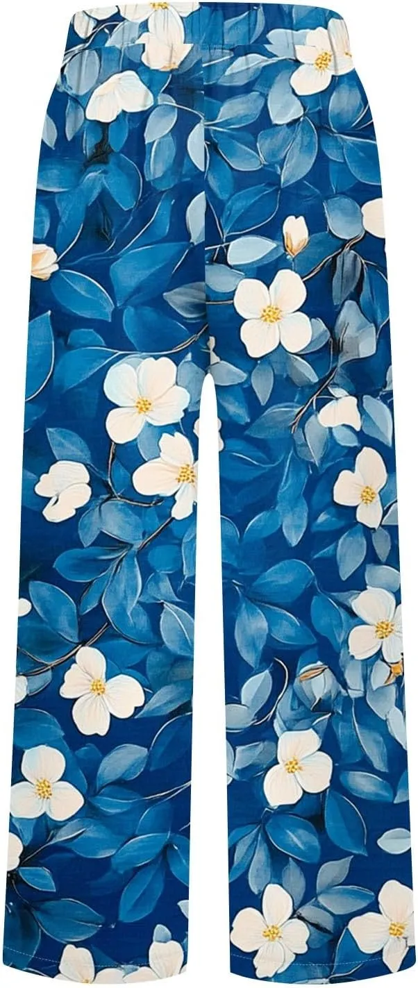 ADHOWBEW Lounge Pants Women 2025 High Waist Trendy Elastic Waist Floral Summer Baggy Bottoms