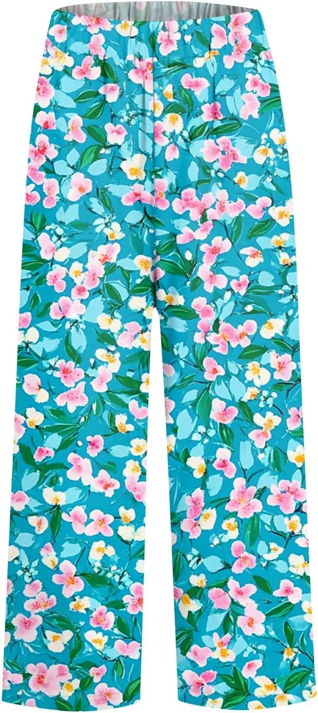 ADHOWBEW Lounge Pants Women 2025 High Waist Trendy Elastic Waist Floral Summer Baggy Bottoms