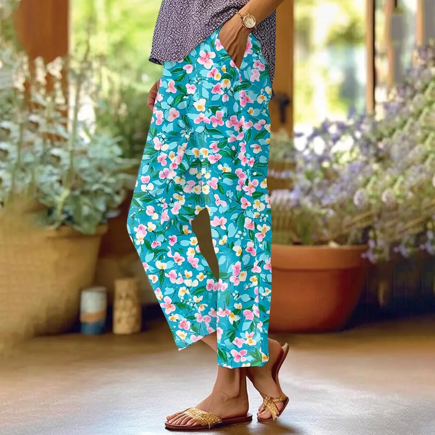 ADHOWBEW Lounge Pants Women 2025 High Waist Trendy Elastic Waist Floral Summer Baggy Bottoms