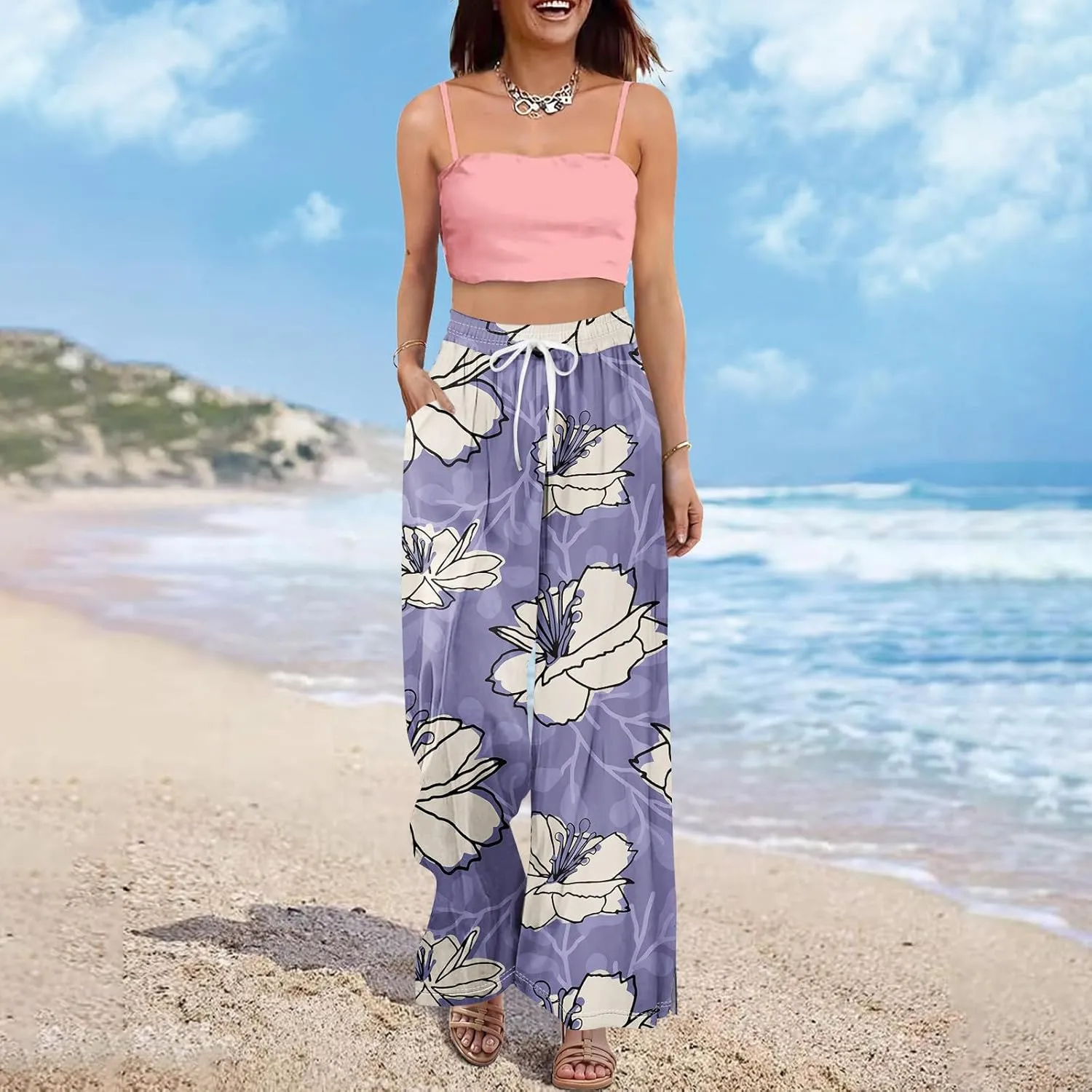 ADHOWBEW Lounge Pants Women Dressy Baggy Summer Trendy Floral 2025 Relaxed Fit Bottoms