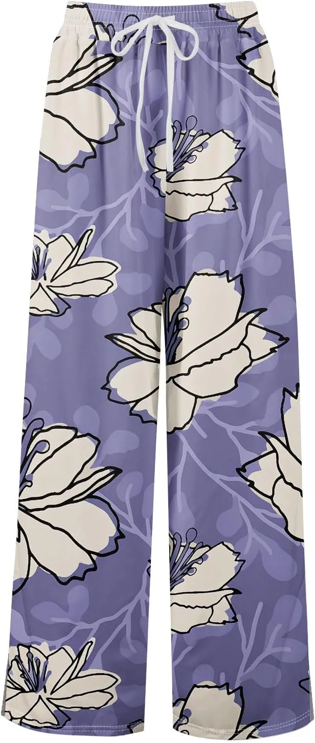 ADHOWBEW Lounge Pants Women Dressy Baggy Summer Trendy Floral 2025 Relaxed Fit Bottoms