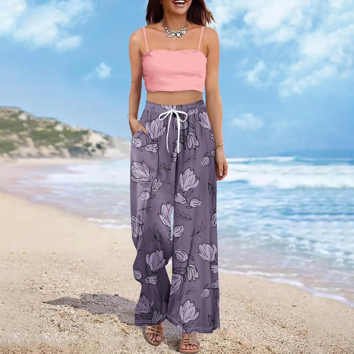 ADHOWBEW Lounge Pants Women Dressy Baggy Summer Trendy Floral 2025 Relaxed Fit Bottoms