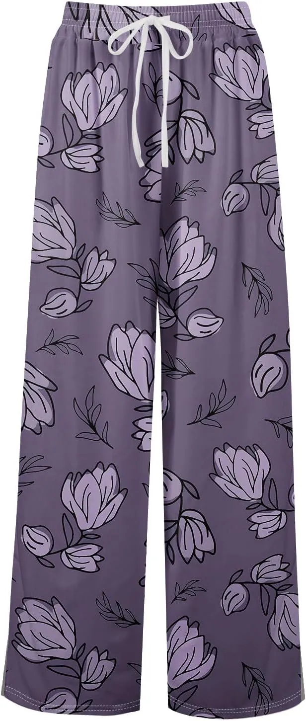 ADHOWBEW Lounge Pants Women Dressy Baggy Summer Trendy Floral 2025 Relaxed Fit Bottoms
