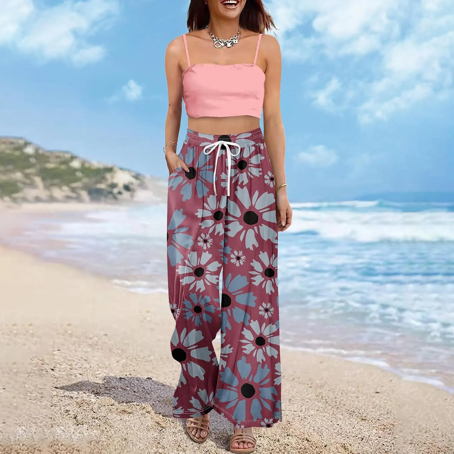ADHOWBEW Lounge Pants Women Dressy Baggy Summer Trendy Floral 2025 Relaxed Fit Bottoms