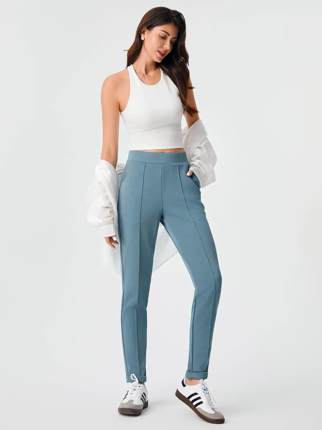 AFITNE Womens High Waisted Dress Casual Pants Stretchy Pull On Work Business Slacks Comfy Office Trousers with Pockets