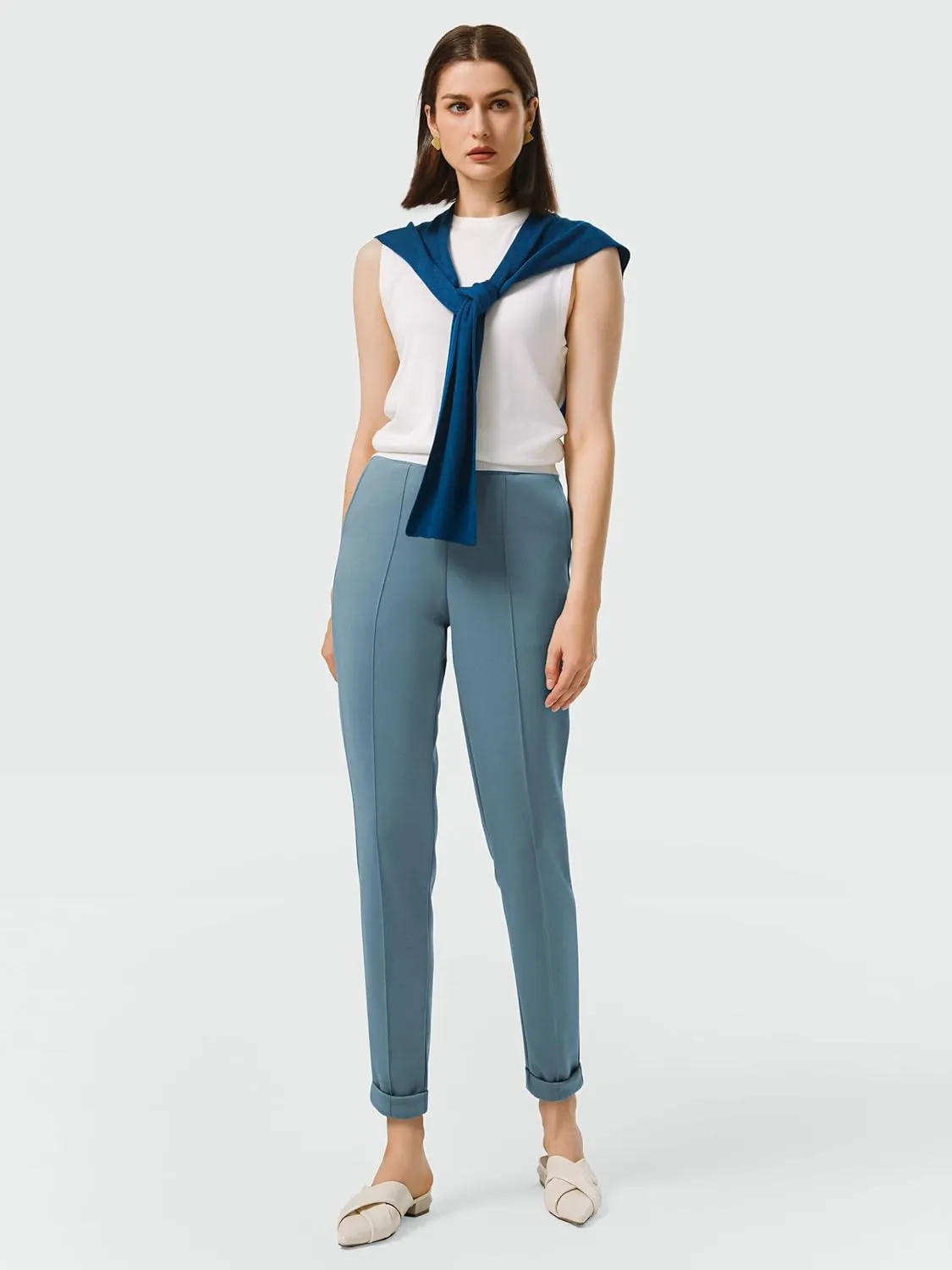 AFITNE Womens High Waisted Dress Casual Pants Stretchy Pull On Work Business Slacks Comfy Office Trousers with Pockets