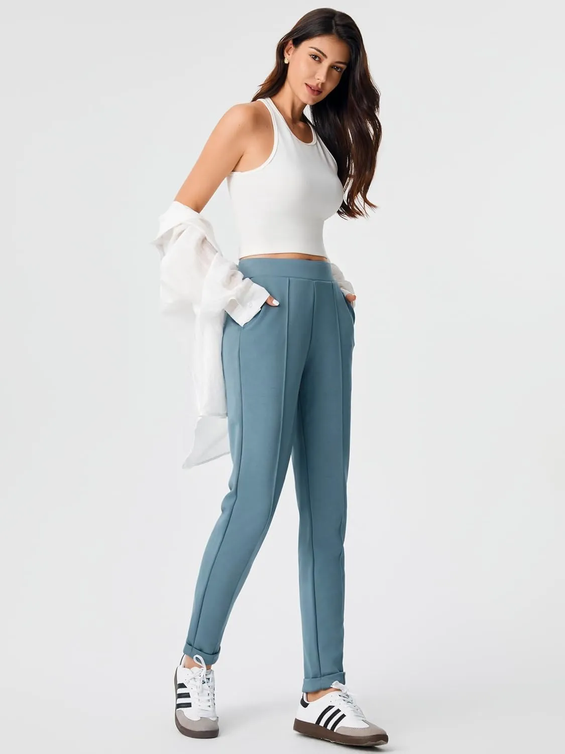 AFITNE Womens High Waisted Dress Casual Pants Stretchy Pull On Work Business Slacks Comfy Office Trousers with Pockets