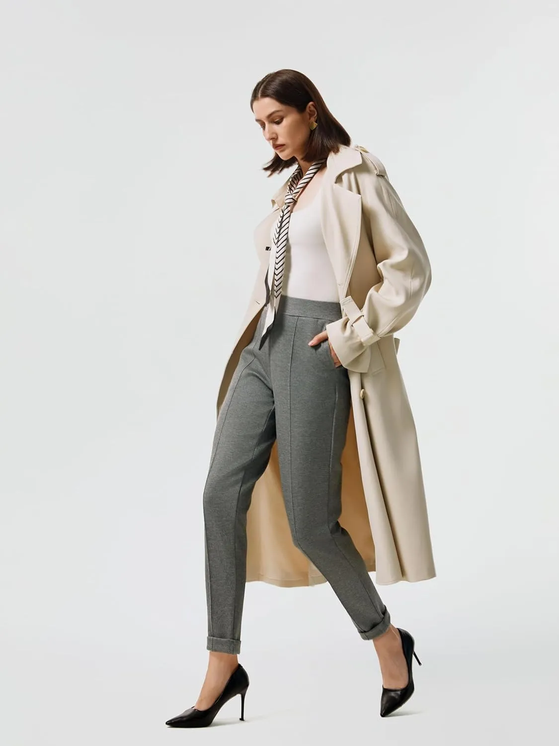 AFITNE Womens High Waisted Dress Casual Pants Stretchy Pull On Work Business Slacks Comfy Office Trousers with Pockets