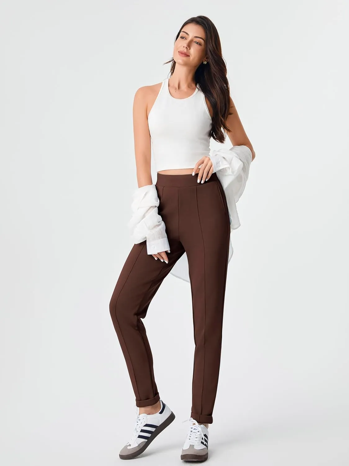 AFITNE Womens High Waisted Dress Casual Pants Stretchy Pull On Work Business Slacks Comfy Office Trousers with Pockets