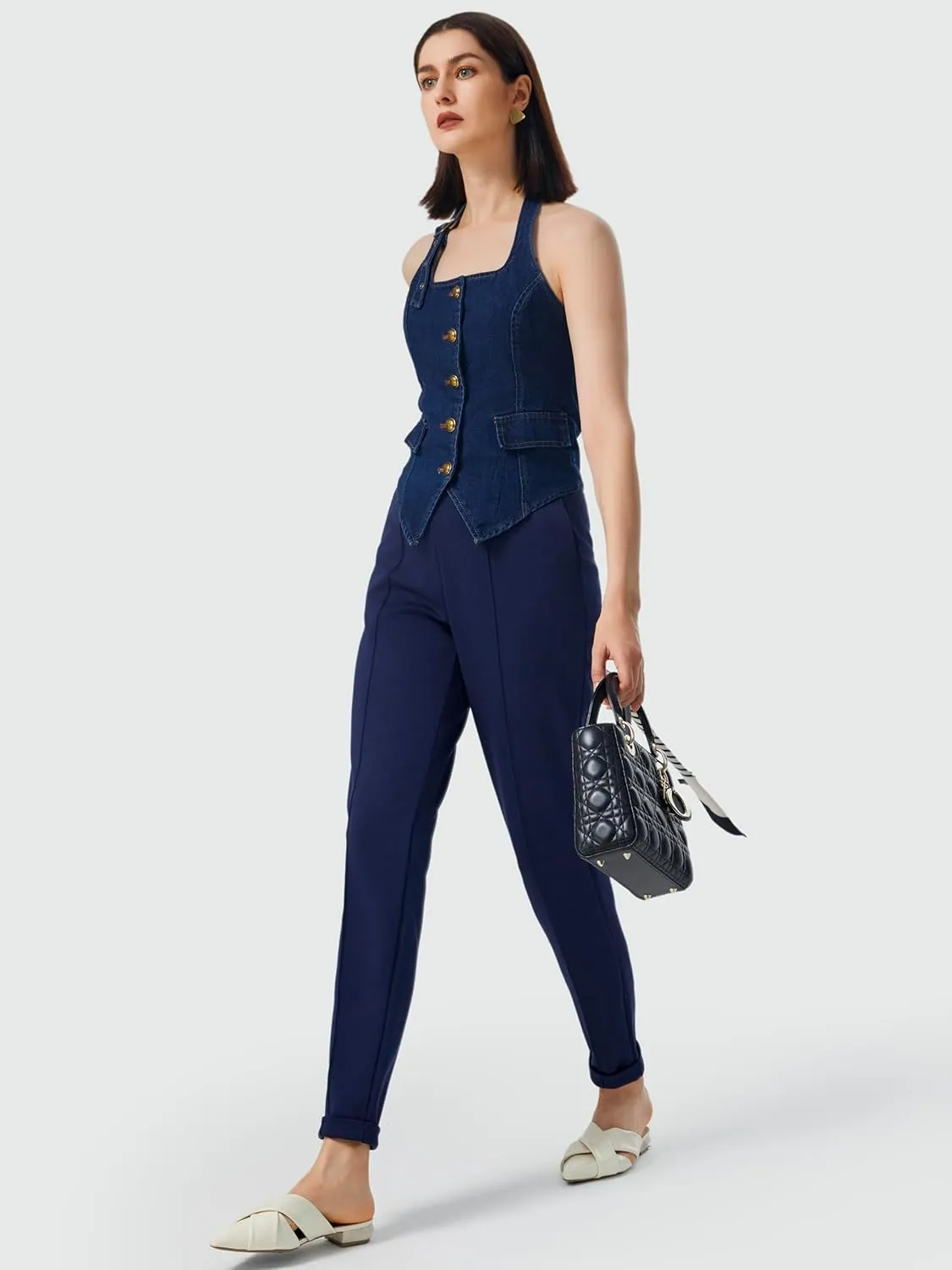 AFITNE Womens High Waisted Dress Casual Pants Stretchy Pull On Work Business Slacks Comfy Office Trousers with Pockets