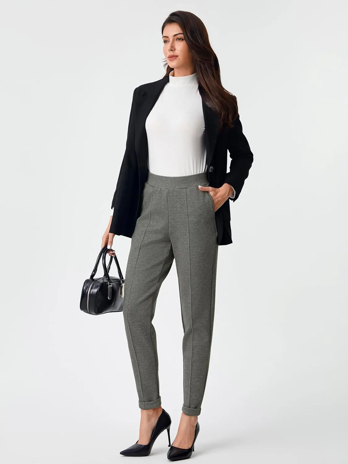 AFITNE Womens High Waisted Dress Casual Pants Stretchy Pull On Work Business Slacks Comfy Office Trousers with Pockets