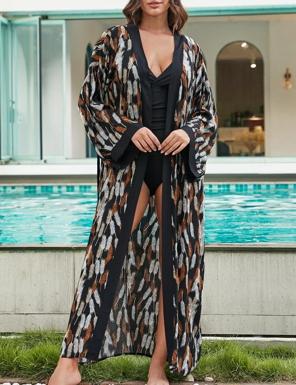 AILUNSNIKA Sexy Kimono Cardigans Swimsuit Coverup for Women V-Neck Pool Cover Up Casual Open Front Kimono Dress