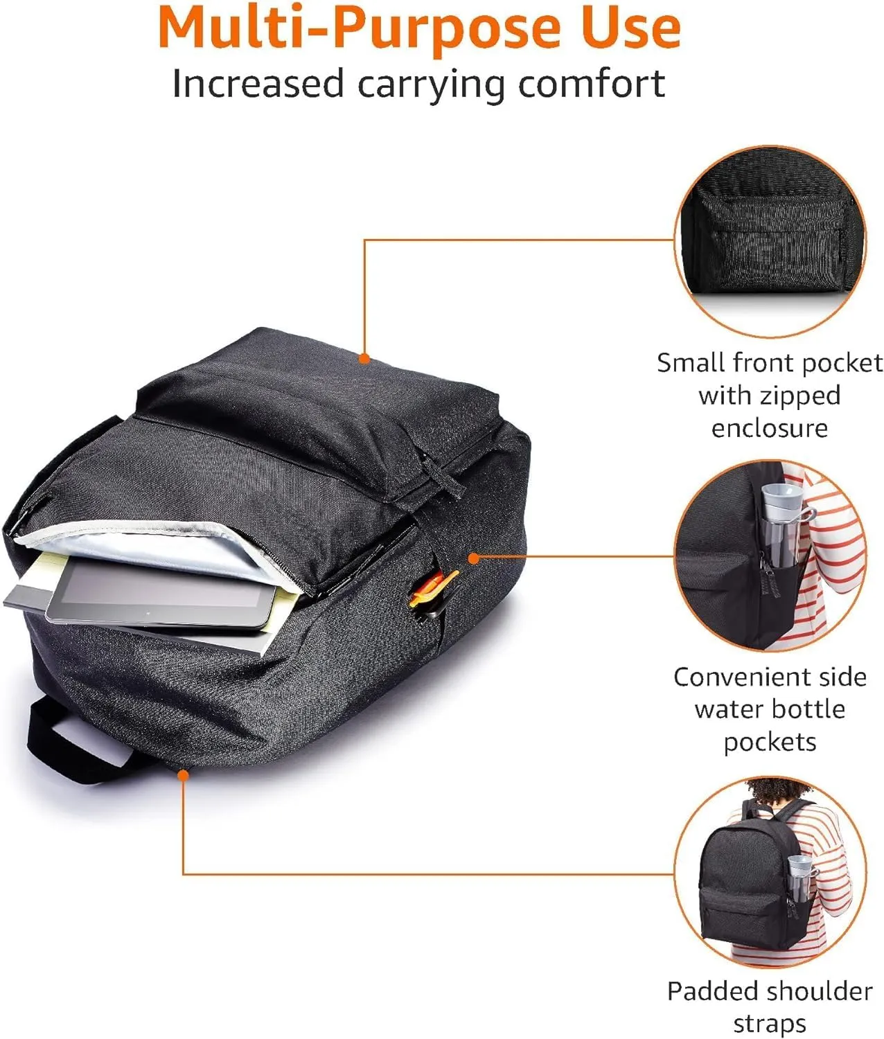 Amazon Basics Backpack for School, Study, Travel, Durable Classic Design, Book Bag, Black