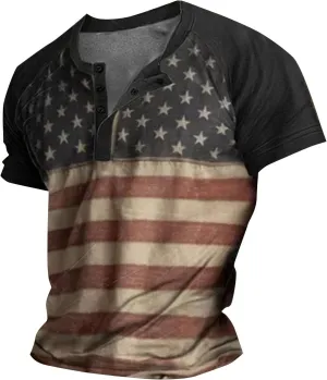 American Flag Henley Shirts for Men Vintage Short Sleeve 4th of July Shirts Casual Slim Fit Muscle Patriotic T Shirts