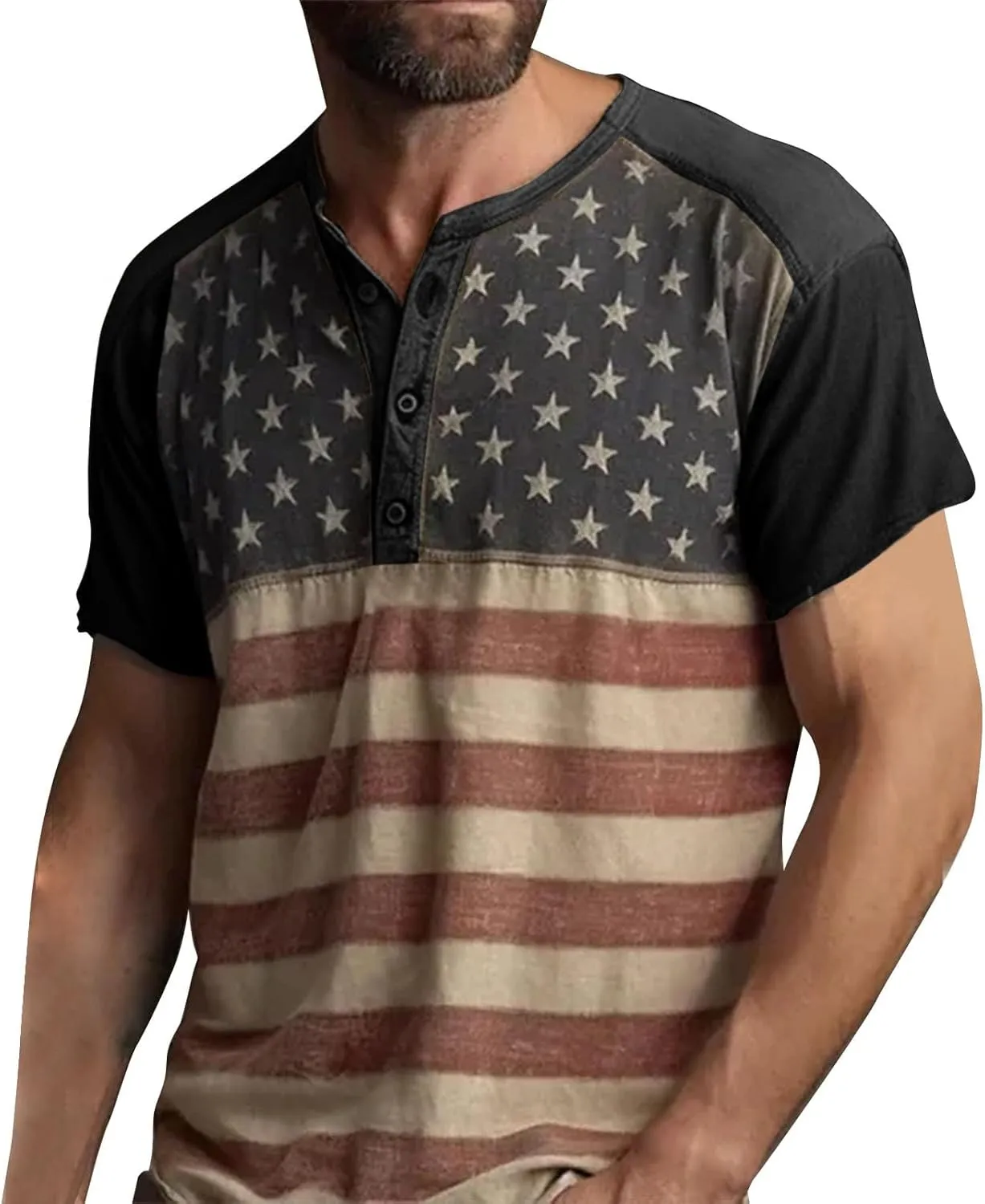 American Flag Henley Shirts for Men Vintage Short Sleeve 4th of July Shirts Casual Slim Fit Muscle Patriotic T Shirts