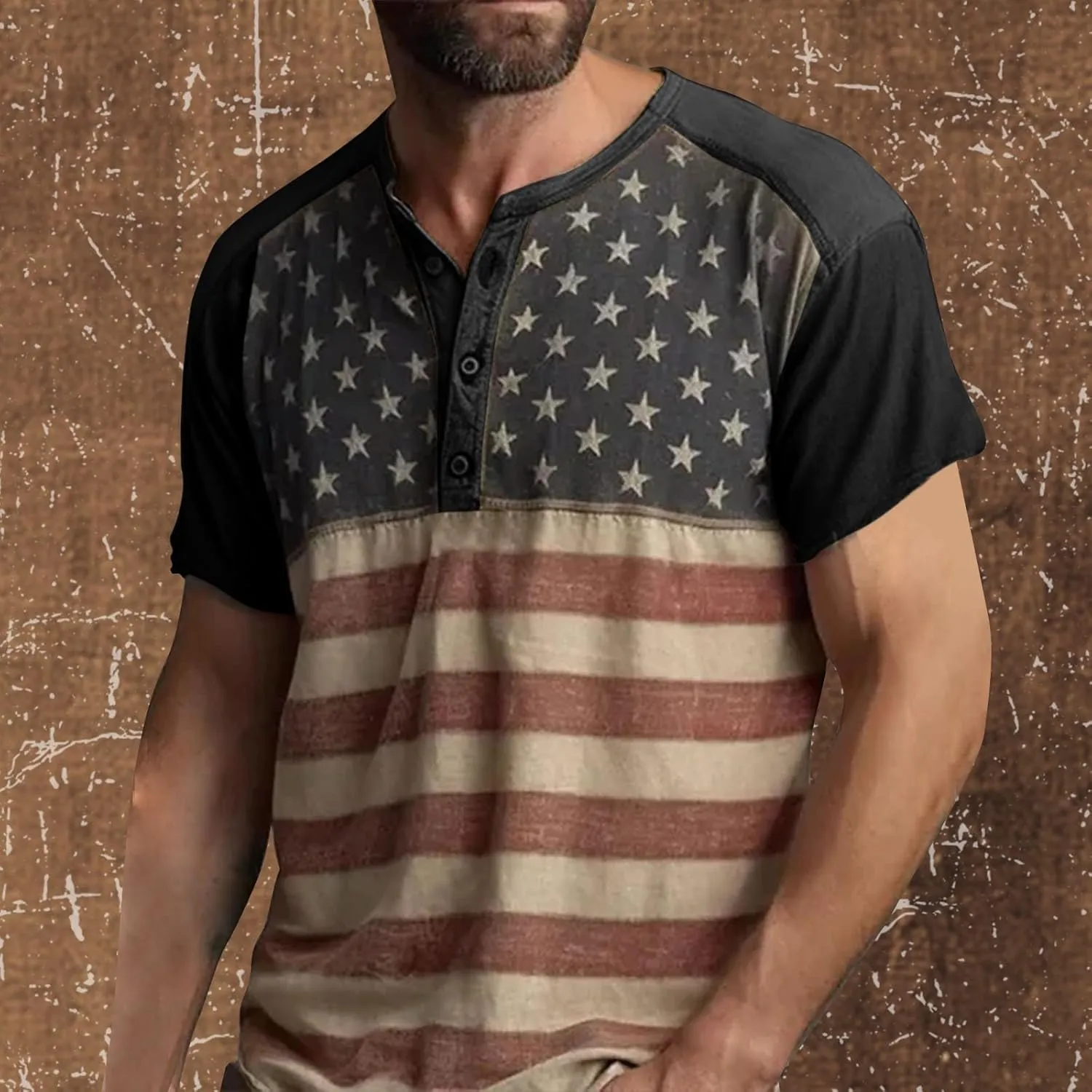 American Flag Henley Shirts for Men Vintage Short Sleeve 4th of July Shirts Casual Slim Fit Muscle Patriotic T Shirts