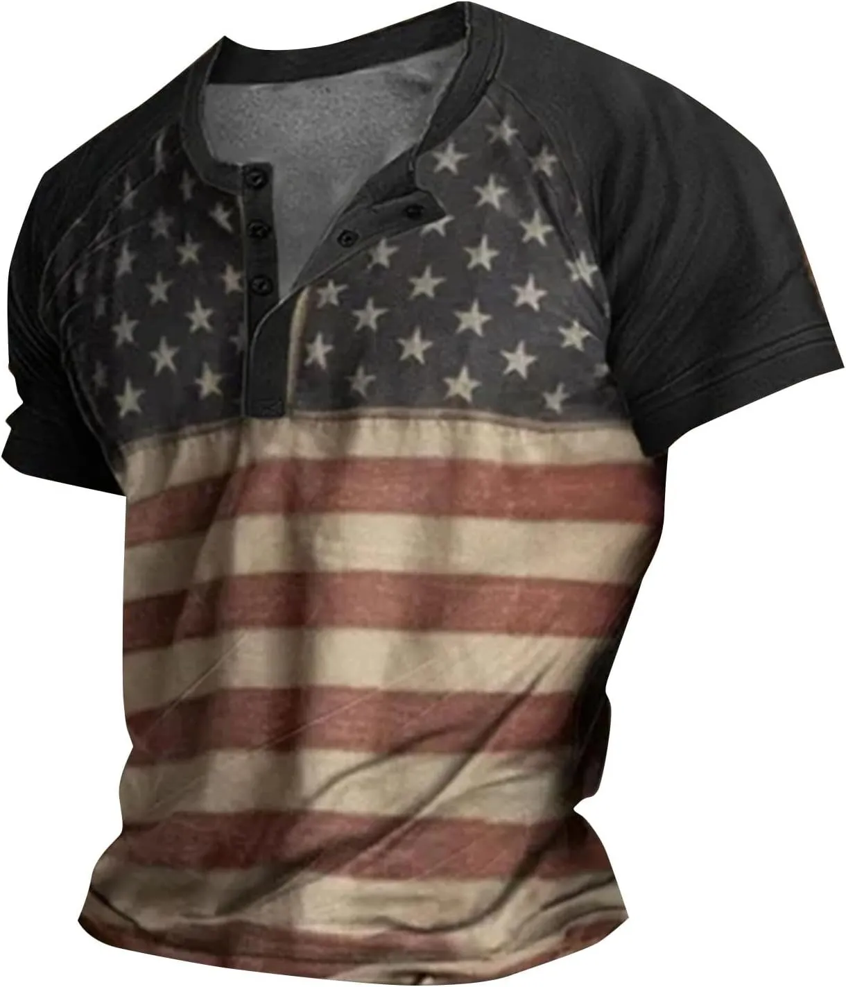 American Flag Henley Shirts for Men Vintage Short Sleeve 4th of July Shirts Casual Slim Fit Muscle Patriotic T Shirts