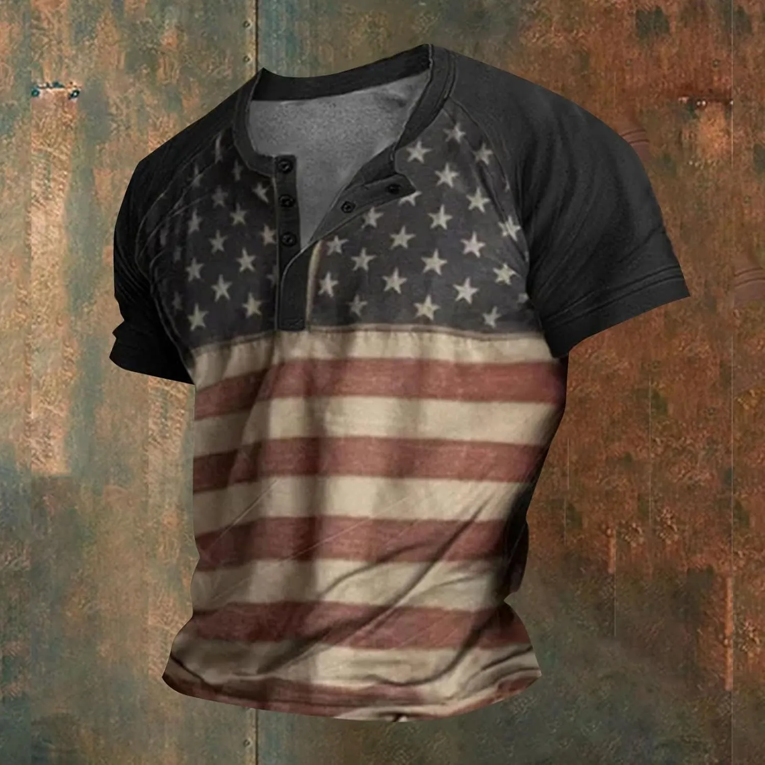 American Flag Henley Shirts for Men Vintage Short Sleeve 4th of July Shirts Casual Slim Fit Muscle Patriotic T Shirts