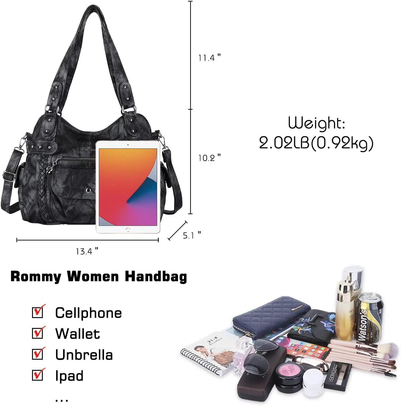 Angel Barcelo Roomy Fashion Hobo Womens Handbags Ladies Purse Satchel Shoulder Bags Tote Washed Leather Bag