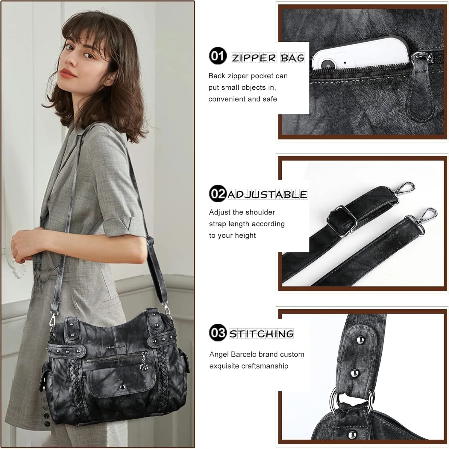 Angel Barcelo Roomy Fashion Hobo Womens Handbags Ladies Purse Satchel Shoulder Bags Tote Washed Leather Bag