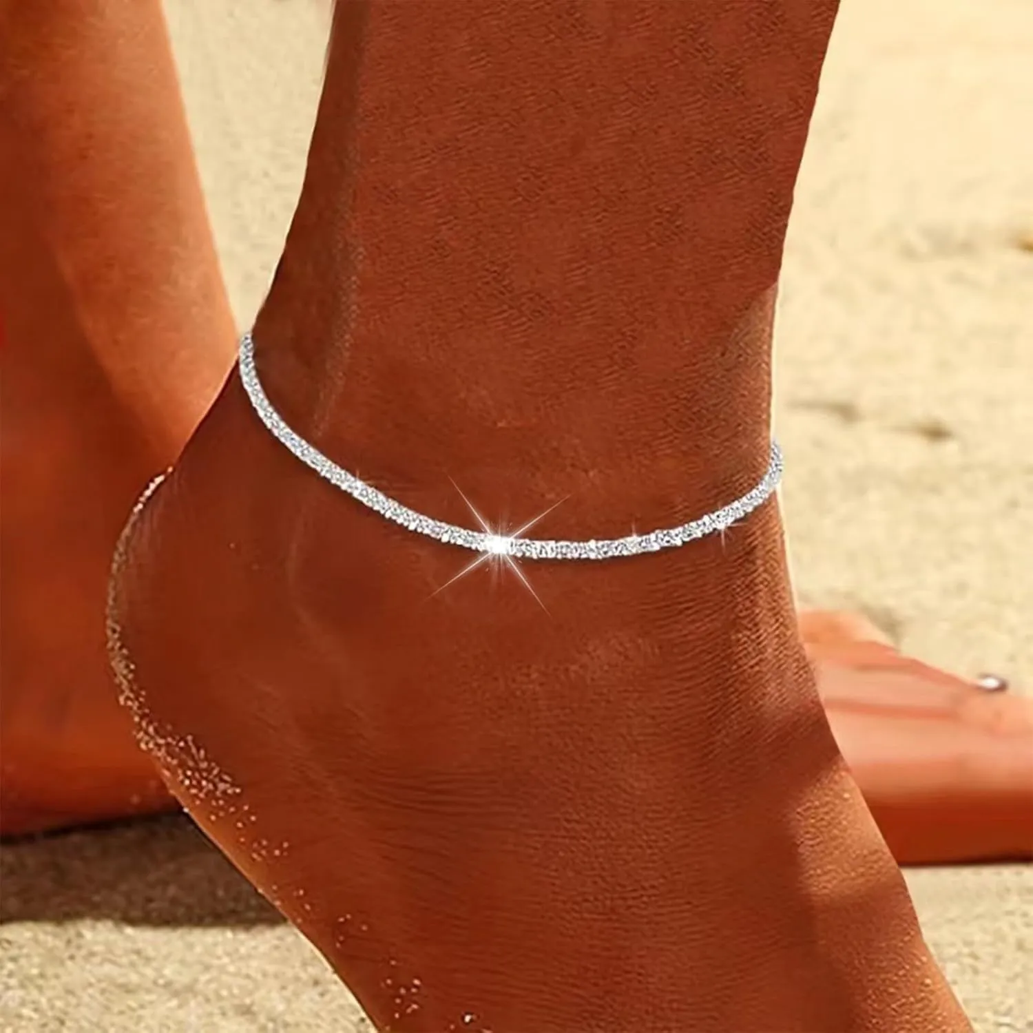 Ankle Bracelets for Women Silver Anklets Waterproof Rhinestone Sparkling Anklets Summer Beach Trendy Jewelry Party Prom Dress Accessories