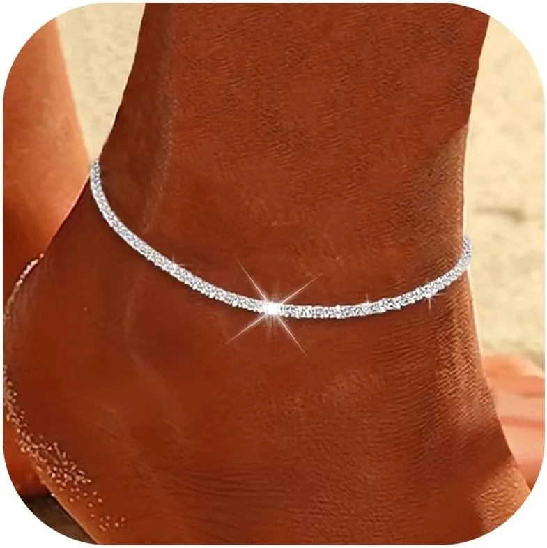 Ankle Bracelets for Women Silver Anklets Waterproof Rhinestone Sparkling Anklets Summer Beach Trendy Jewelry Party Prom Dress Accessories