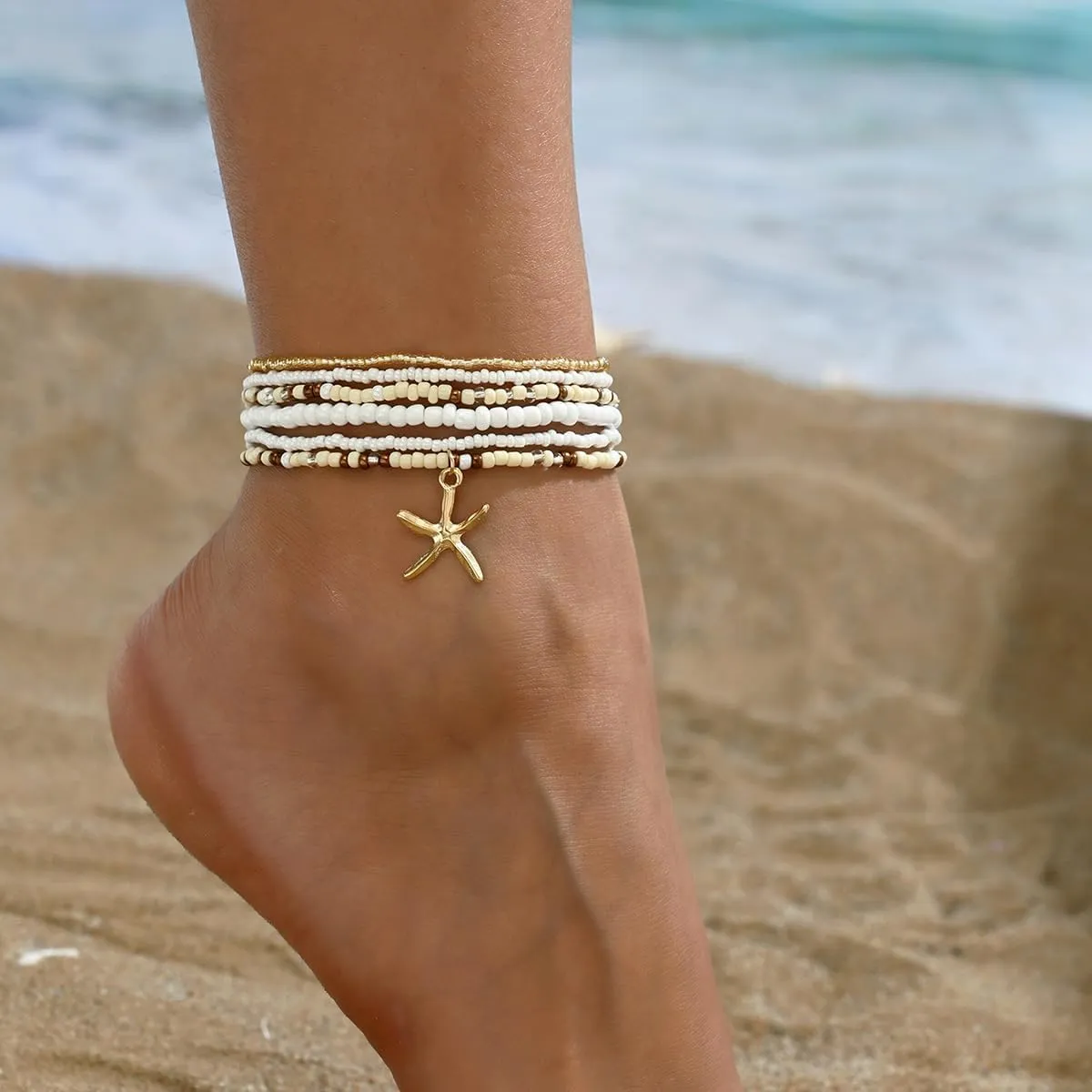 Ankle Bracelets for Women Waterproof Beach Jewelry for Women Elastic Beaded Anklets Boho Seashell Pearl Starfish Anklets for Women Foot Jewelry