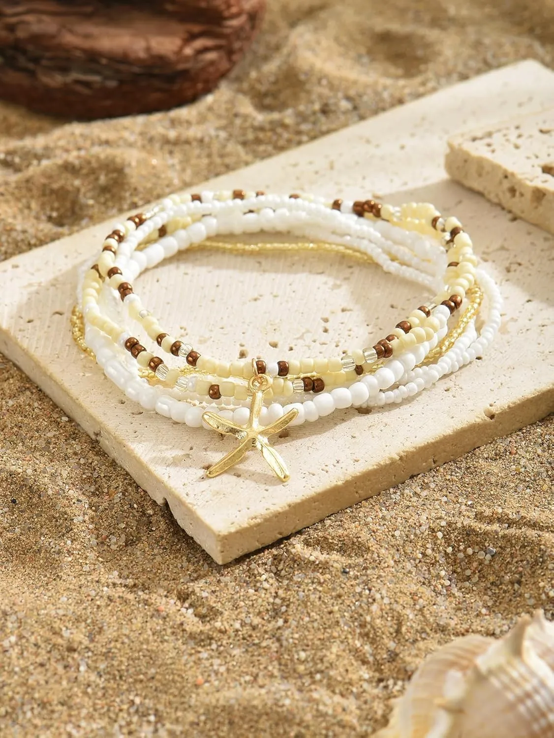 Ankle Bracelets for Women Waterproof Beach Jewelry for Women Elastic Beaded Anklets Boho Seashell Pearl Starfish Anklets for Women Foot Jewelry