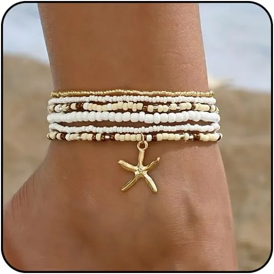 Ankle Bracelets for Women Waterproof Beach Jewelry for Women Elastic Beaded Anklets Boho Seashell Pearl Starfish Anklets for Women Foot Jewelry