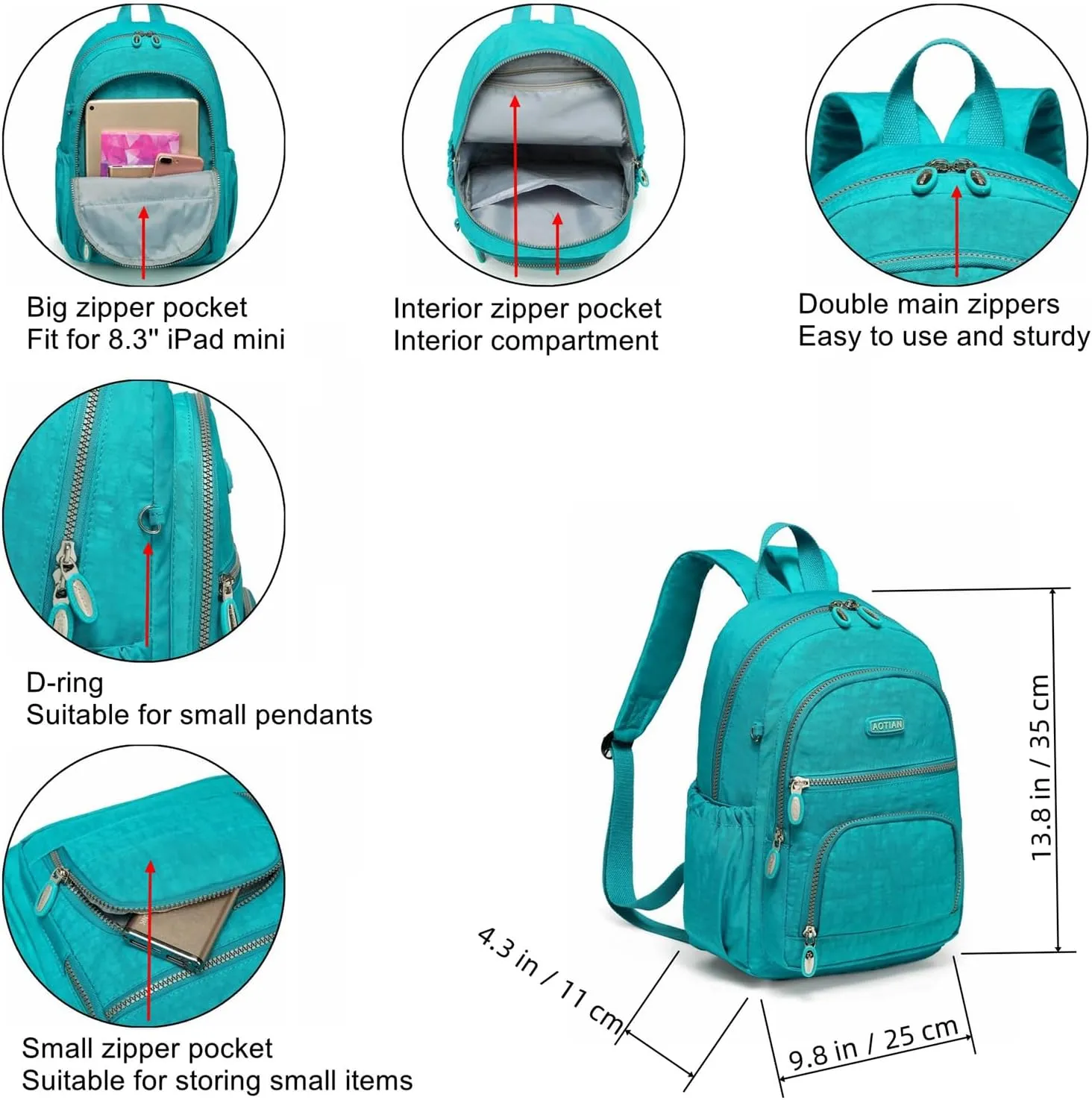 AOTIAN Mini Daypack with Anti-Theft Back Zipper Pocket, Durable Small Lightweight Backpack for Women Girls & Boys Hiking Travel Sports, Height 13 inches