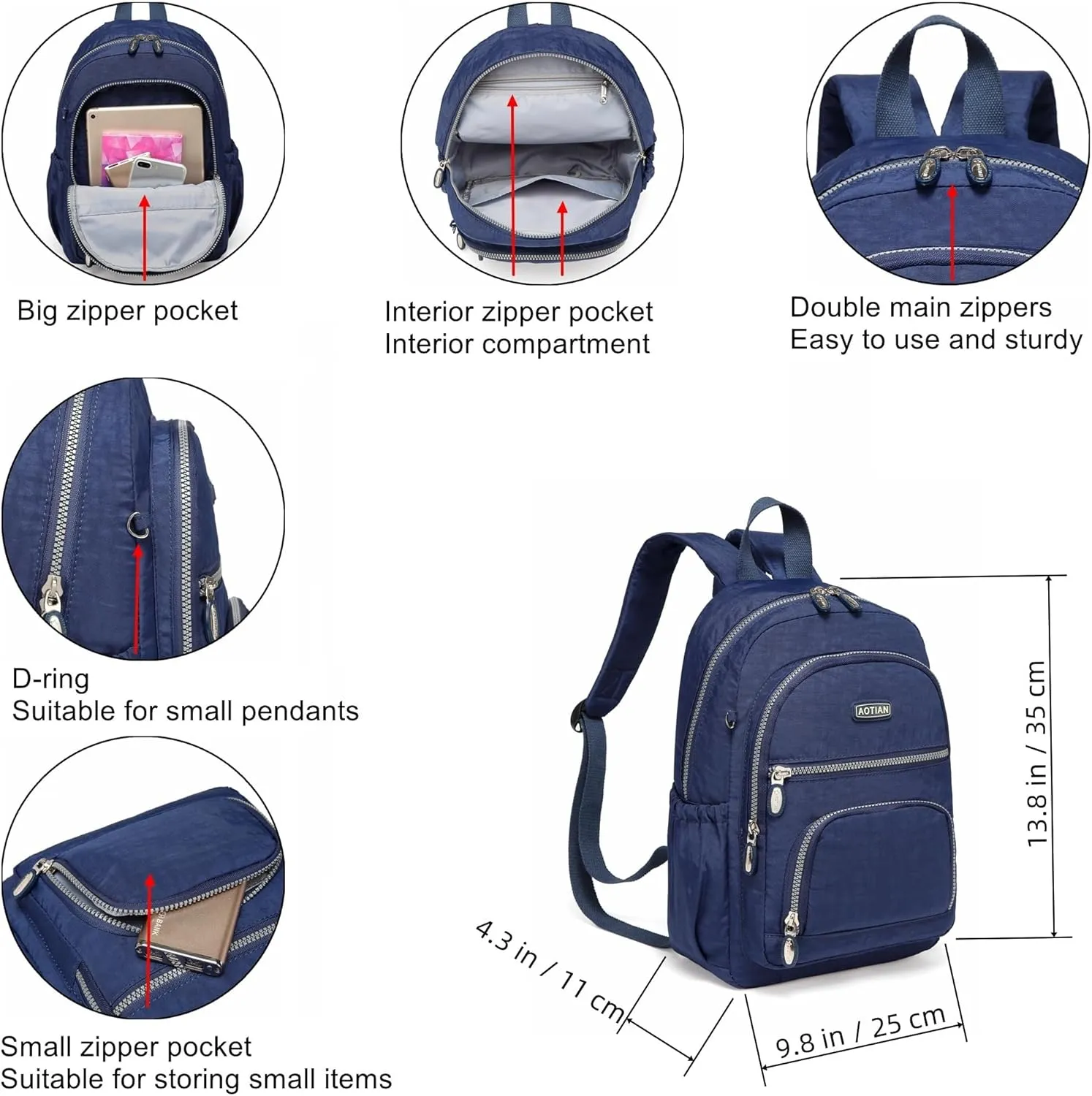 AOTIAN Mini Daypack with Anti-Theft Back Zipper Pocket, Durable Small Lightweight Backpack for Women Girls & Boys Hiking Travel Sports, Height 13 inches